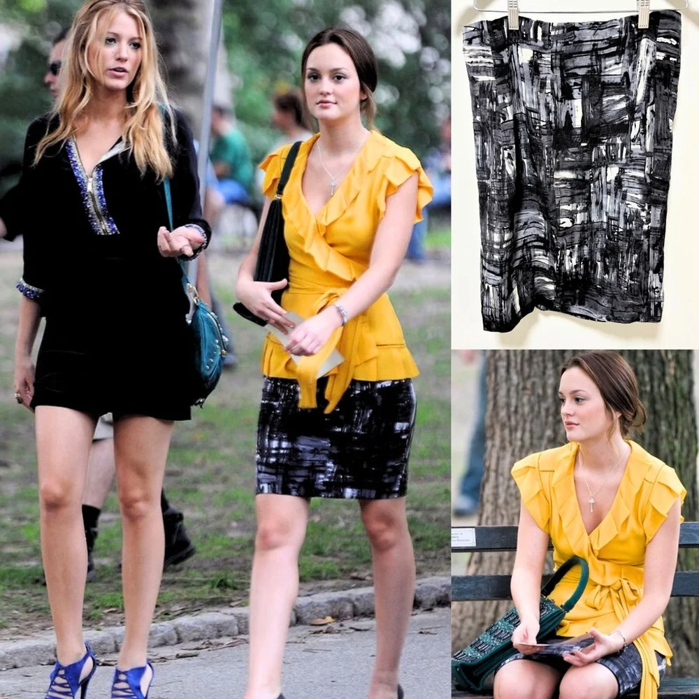 ASO Blair Waldorf in Gossip Girl Vince Abstract Brushstroke Pencil Skirt